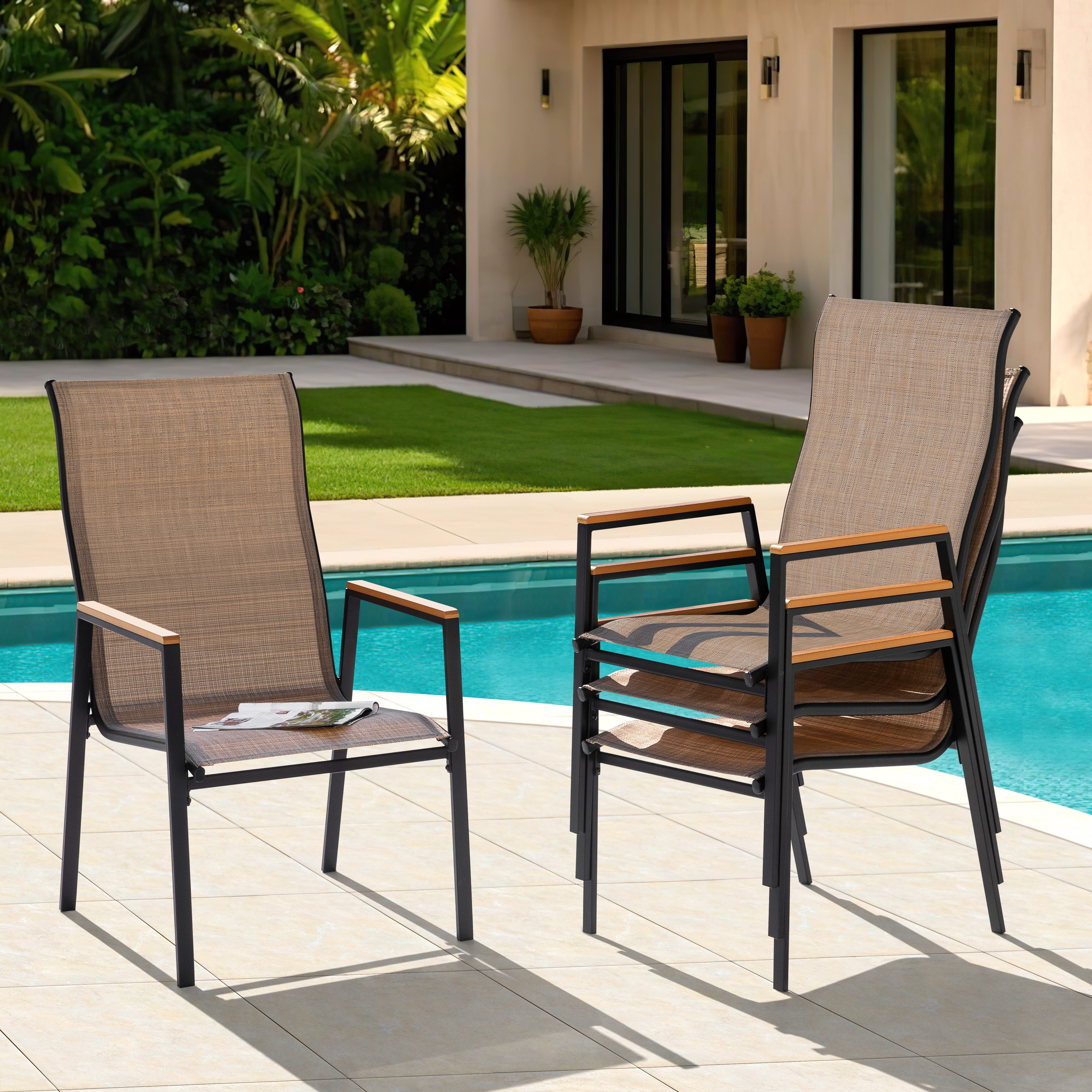 Nuu Garden Patio Stackable Textilene Dining Chairs Set of 4, Faux Wood Armrests