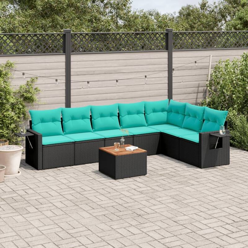 vidaXL 8 Piece Patio Sofa Set with Cushions Black Poly Rattan - 24.4x24.4x27.2