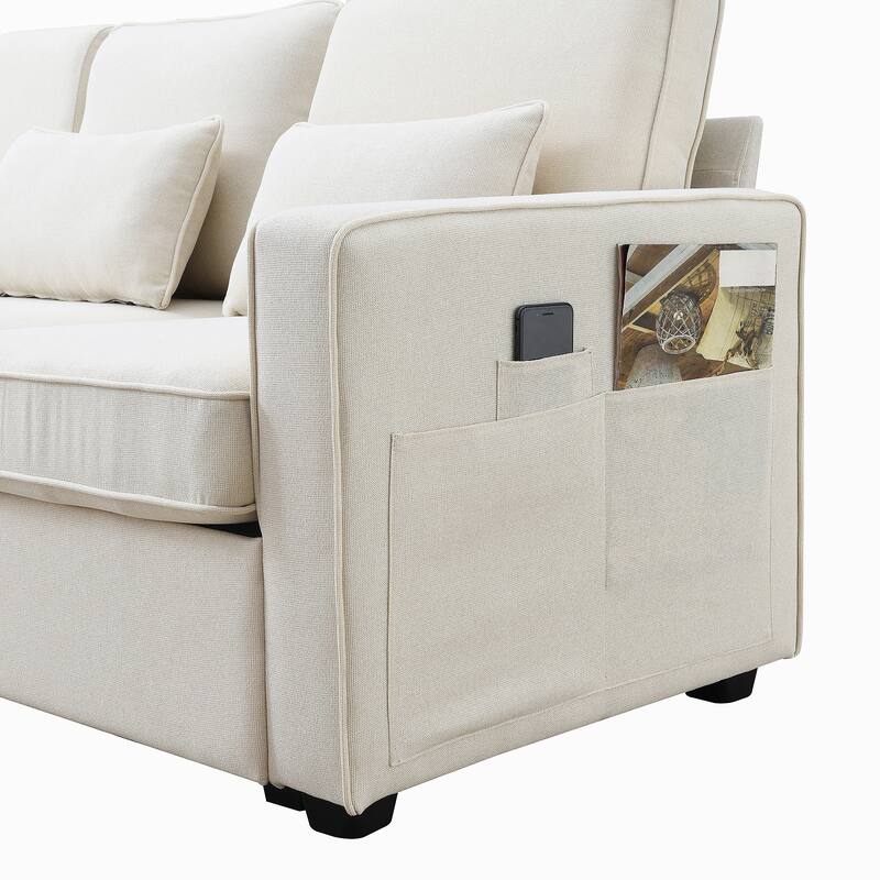 4-Seater Linen Fabric Sofa with Armrest Pockets and 4 Pillows