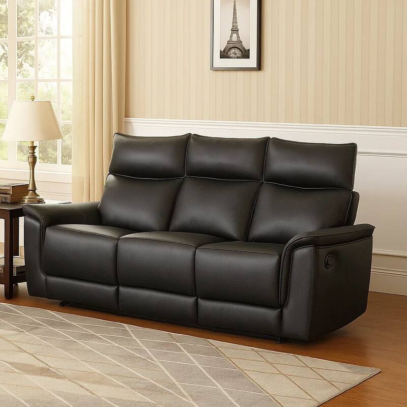 Lenne Sofa, Black Faux Leather, Manual Reclining Mechanism, 86 Inch