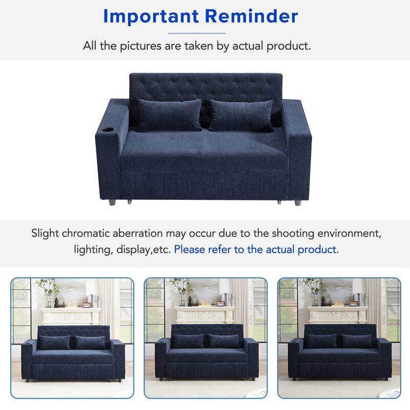 61.41" Chenille Convertible Sofa Bed with Adjustable Backrest, USB & Cup Holders
