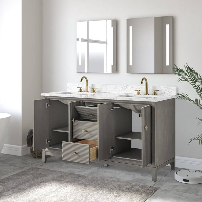 Vanity Art 60" Freestanding Bathroom Vanity with Engineered Marble Top and Sinks