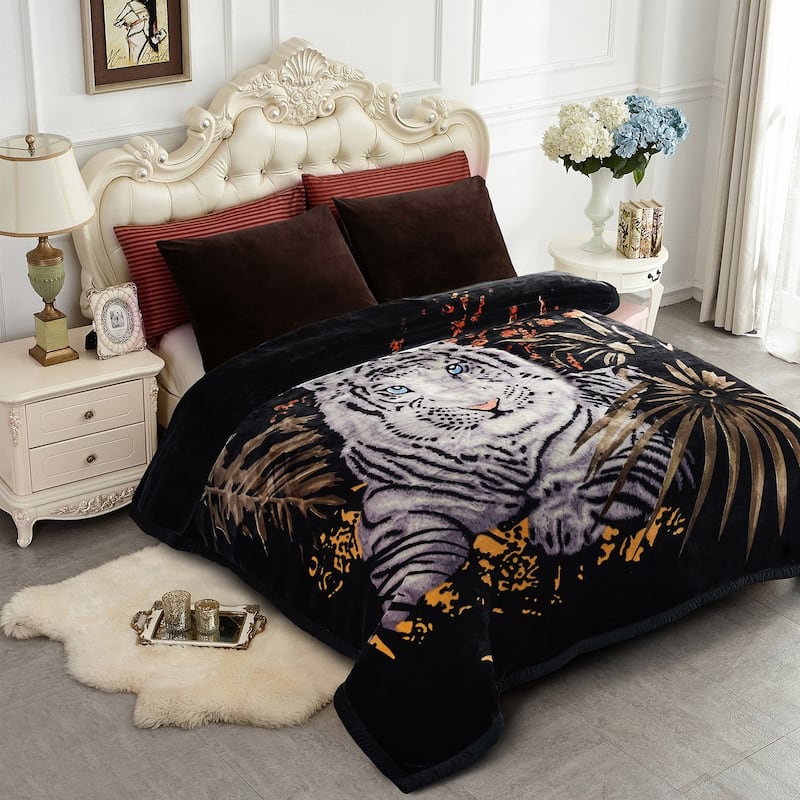 Floral & Animal 2-Ply Heavy Raschel Blanket 85" X 95" - King - Black Tiger