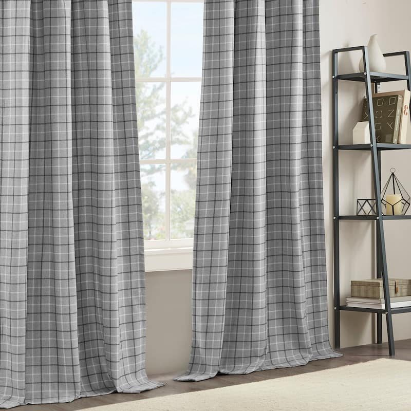 Madison Park Anaheim Plaid Faux Leather Tab Top Single Curtain Panel with Fleece Lining