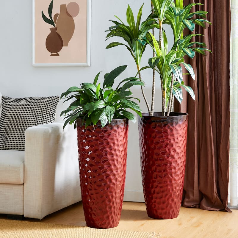 Glitzhome 31"H Set of 2 Oversized Eco-Friendly PP and Stone Honeycomb Textured Red Tall Plastic Planter