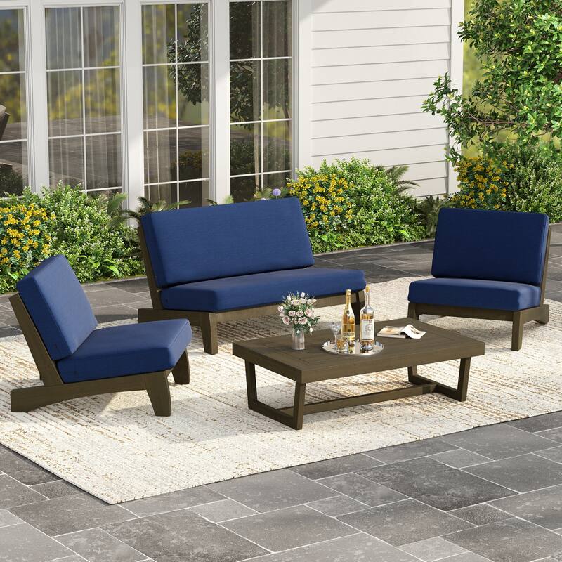 4 Piece Outdoor Wood Loveseat Chair Conversation Set with Cushion - Brown Wood - Navy