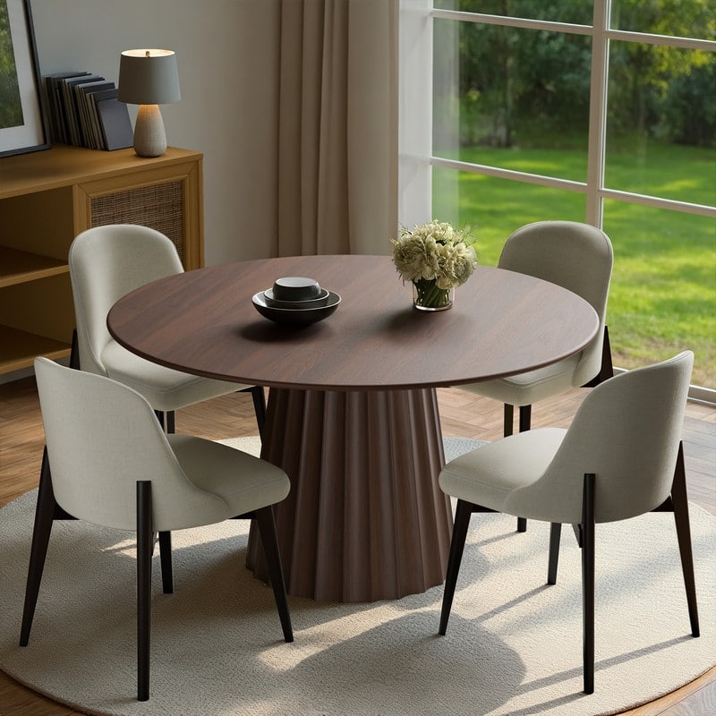 5-Piece Modern Round Dining Table Set with Upholstered Chairs Pedestal Base - Walnut