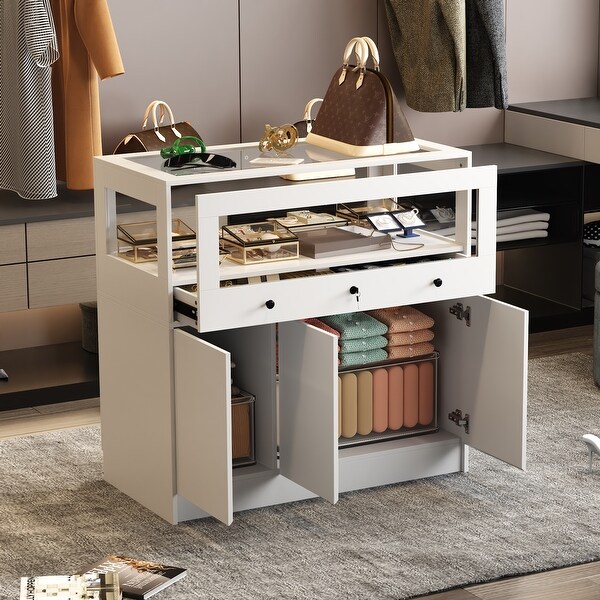 Display Cabinet with Tempered Glass Top and Lockable Storage