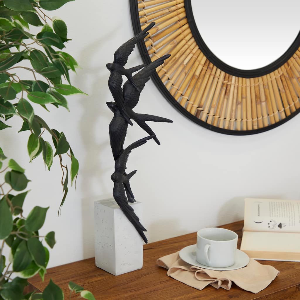 Black Polystone Flying Bird Sculpture with White Block Base