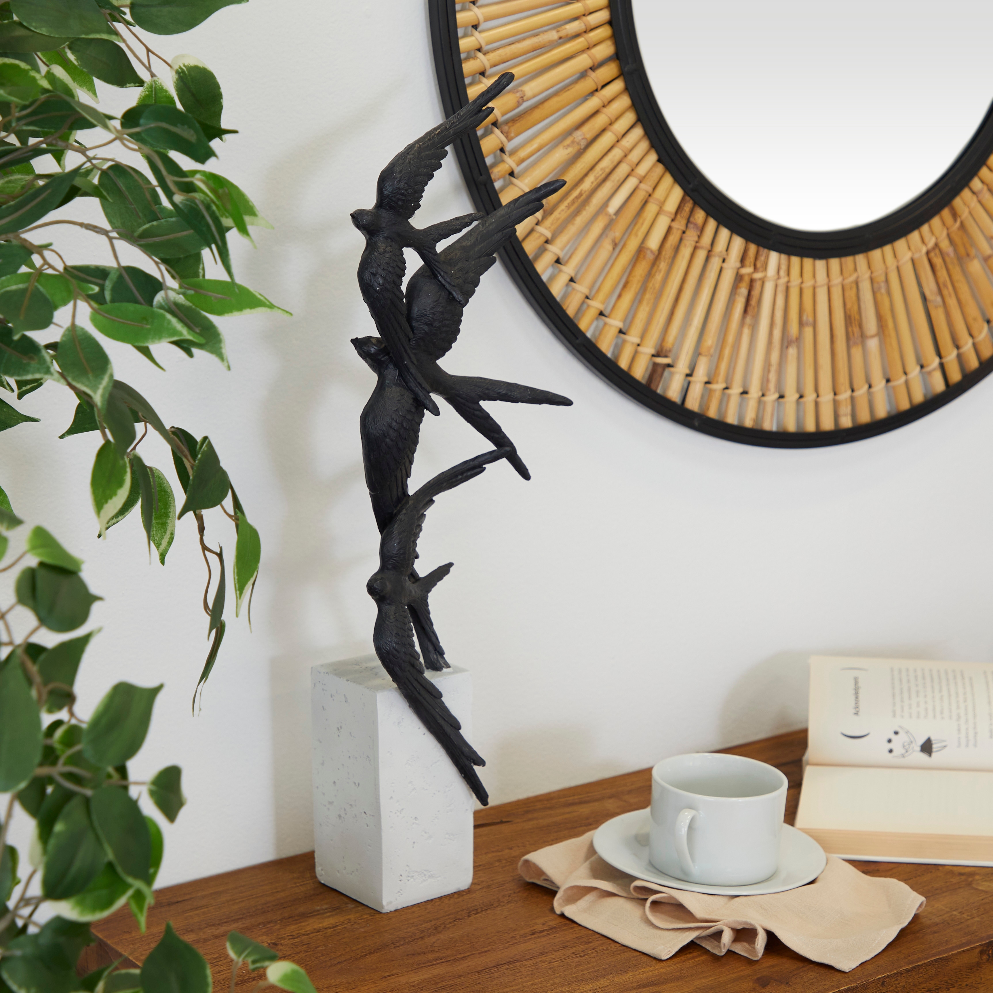 Black Polystone Flying Bird Sculpture with White Block Base