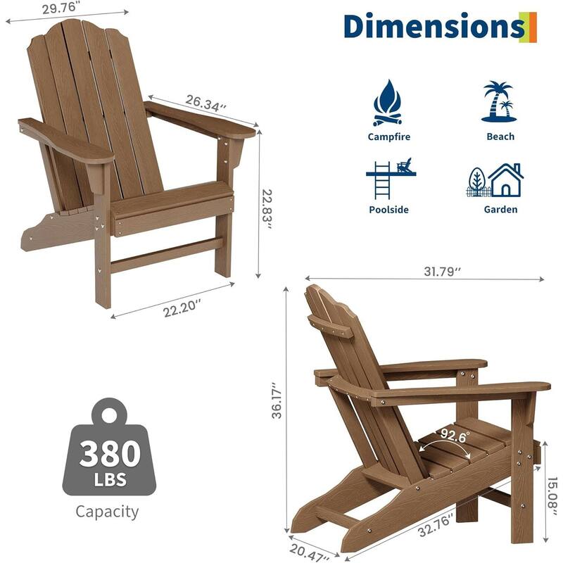 Set of 2 HDPE Adirondack Patio Chairs for Garden, Deck, Backyard, Poolside