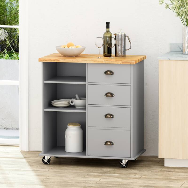 Fixed Wheel Rolling Modern Kitchen Utility Cart with 2 Drawers, 1 Cabinet, 3 Shelves and Rubberwood Top, Gray - Grey