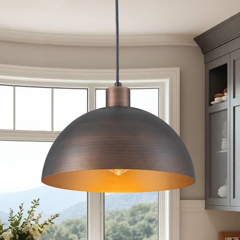 Hand-Crafted Antique Bronze Metal Dome Kitchen Pendant Light - 11.8 Inches