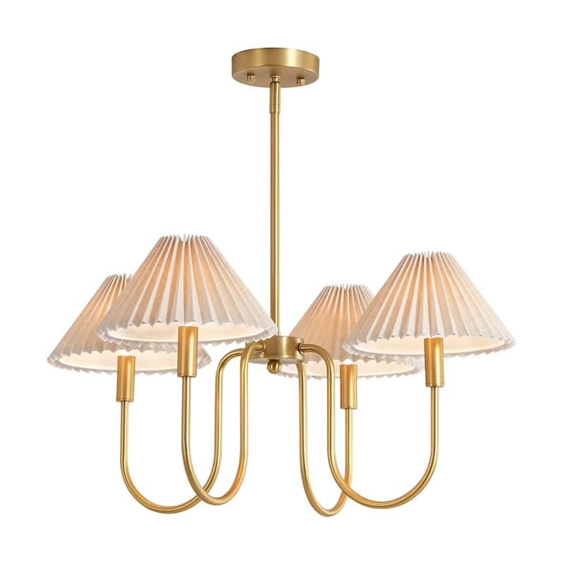4-Light Mid-Century Modern Chandelier in Brushed Gold/Matte Black Chandelier with Pleated Shades for Living Room