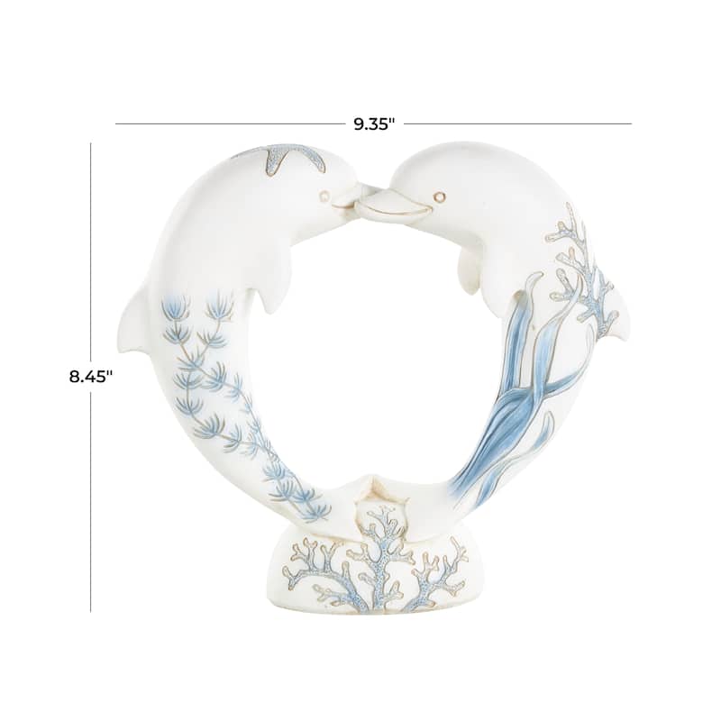 White Polystone Heart Shaped Dolphin Decorative Sculpture with Blue Coral Patterns