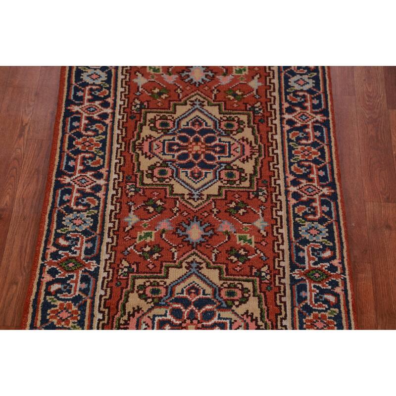 Hand Knotted Oriental 100% Wool Carpet Traditional Geometric Oranges & Rust Heriz (serapi) Runner Rug - 8' 0'' X 2' 6''