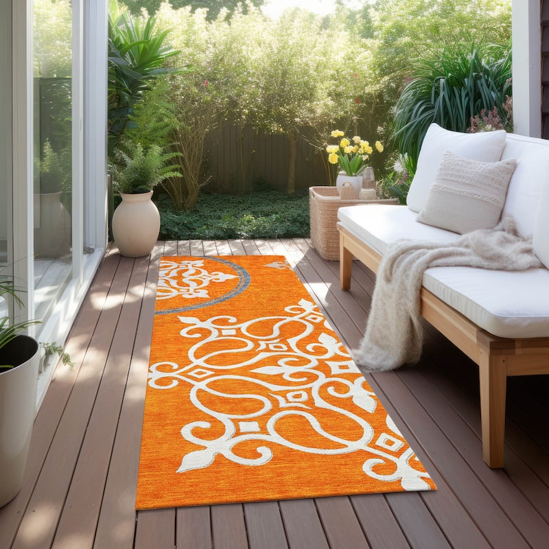 Machine Washable Indoor/ Outdoor Chantille Bold Medallions Rug - Orange - 2'3" x 7'6"