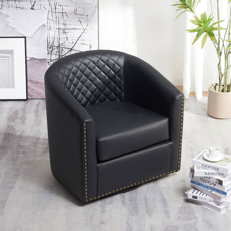 KINWELL 29" Wide Tufted PU Leather Swivel Barrel Chair