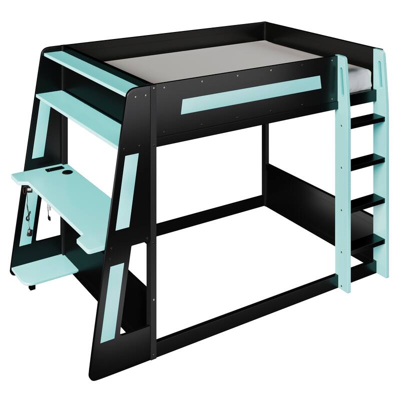 Gaming Bunk Bed with Computer Desk, Storage Shelves, USB Port and LED Strip Lighting, Esports Design, Wooden Gaming Bed