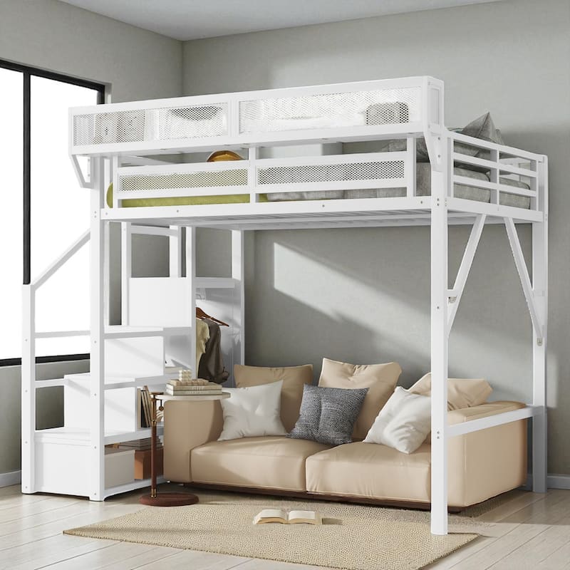 Full/Queen Metal Loft Bed with Stairs, Wardrobe, Mesh Shelf, White, 54.3 in Clearance, Guardrails, Kids Teens