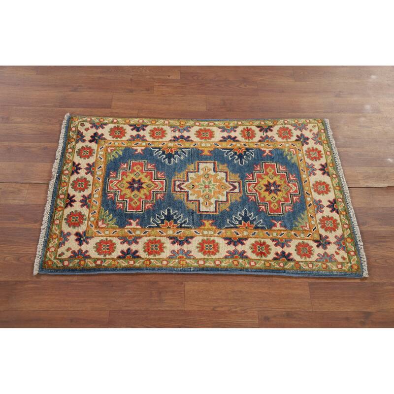 Blue Geometric Kazak Oriental Accent Rug Hand-Knotted Wool Carpet - 1'11" x 3'0"