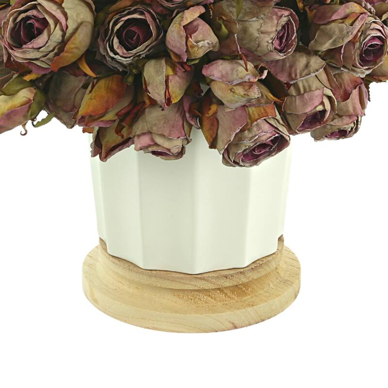 Dried Rose Bundle in a Ceramic Pot with Wooden Base - Purple, White