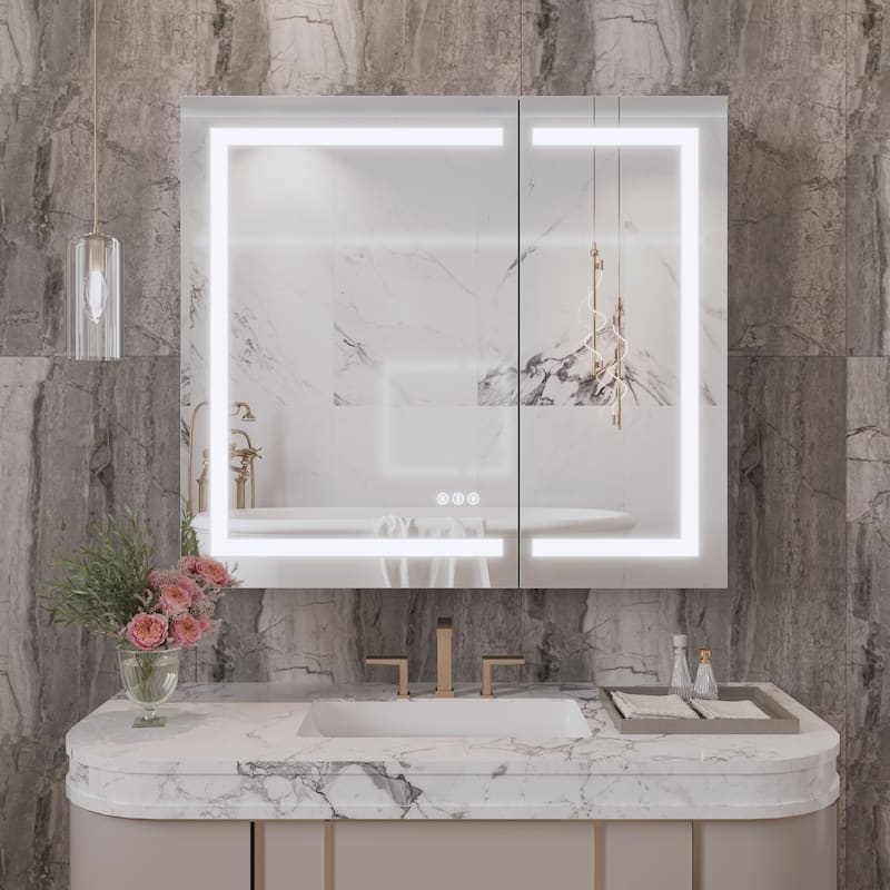 Rectangular Aluminum Recessed/Surface Mount Frameless Anti-Fog Medicine Cabinet with Dimmable LED Lights