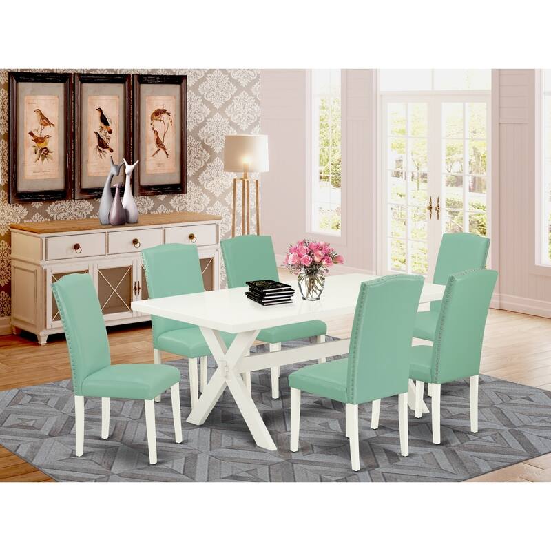7-Piece Dining Room Table Set with Parson Chairs - Linen White & Smoke Finish - Modern Kitchen Table - 72