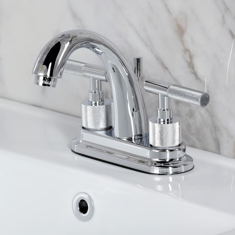 Kingston Brass Convergent Two-Handle 3-Hole Deck Mount 4" Centerset Bathroom Faucet with Knurled Handle and Brass Pop-Up Drain