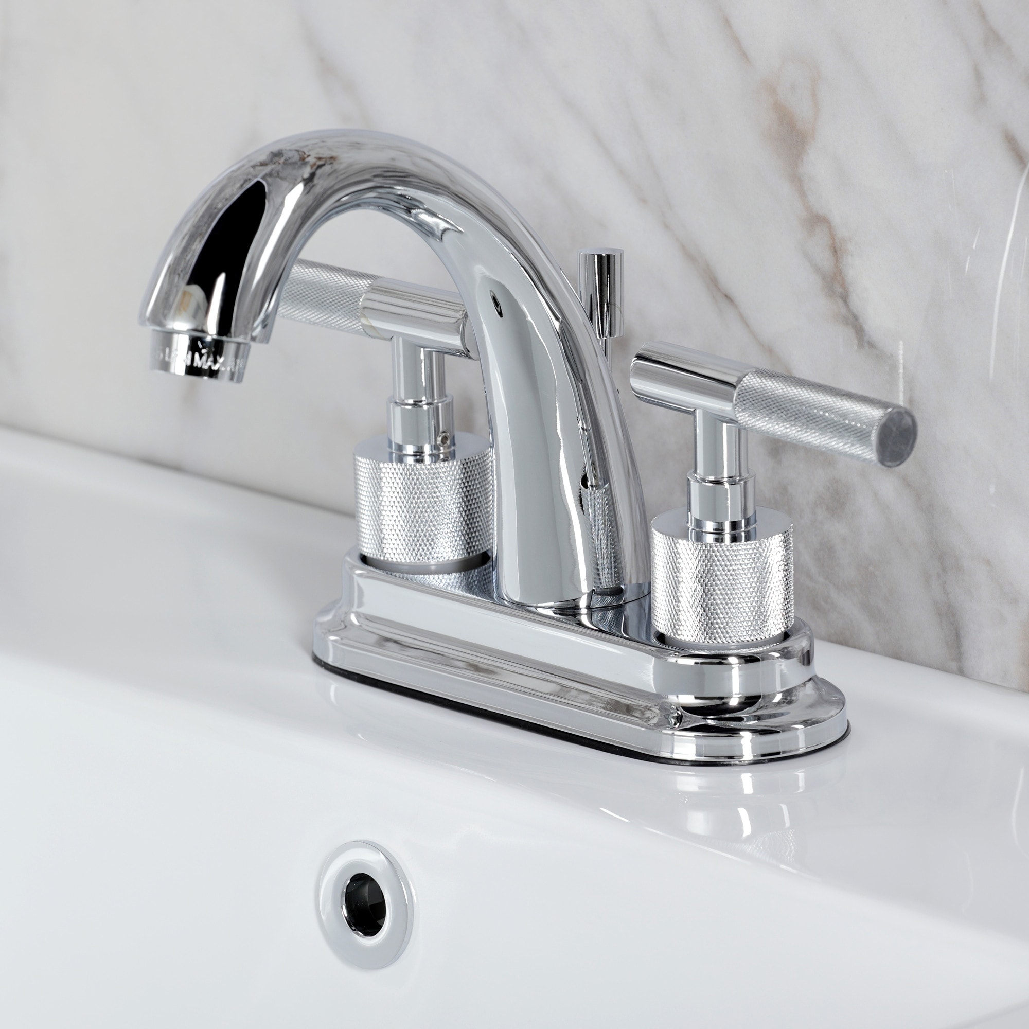 Kingston Brass Convergent Two-Handle 3-Hole Deck Mount 4" Centerset Bathroom Faucet with Knurled Handle and Brass Pop-Up Drain