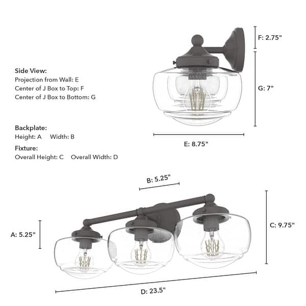 dimension image slide 2 of 6, Hunter Saddle Creek Vanity Wall Light - Transitional, Vintage Schoolhouse - Damp Rated!