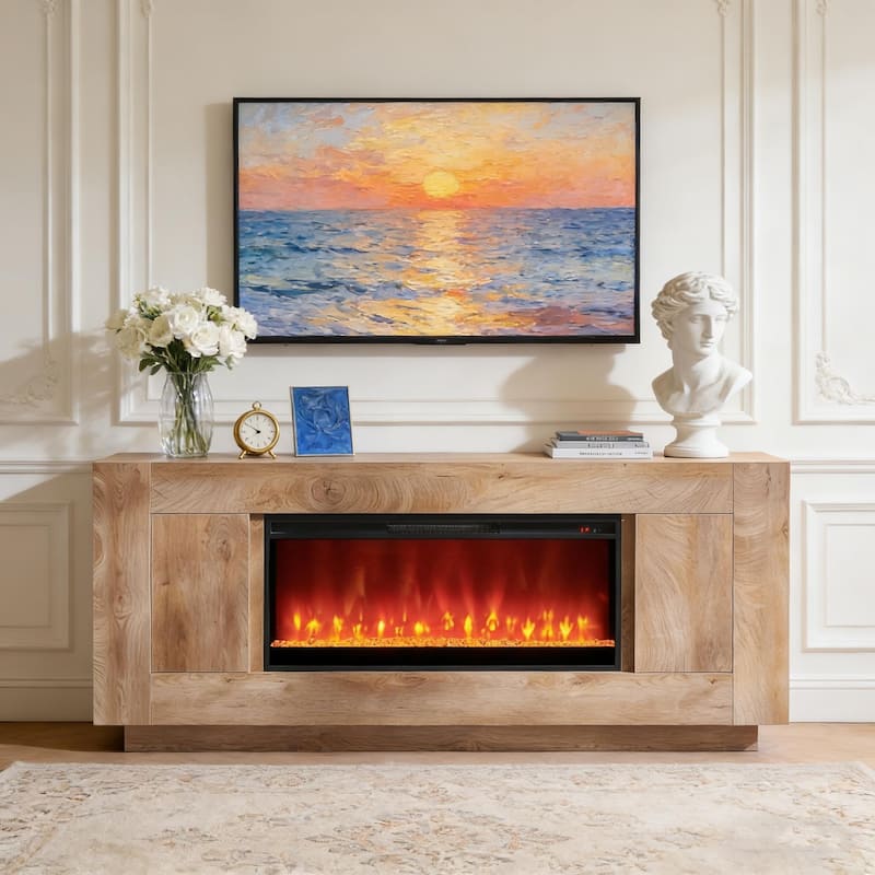 Modern Fireplace TV Stand for 80" TV, Entertainment Center with LED - Light Knotty Oak
