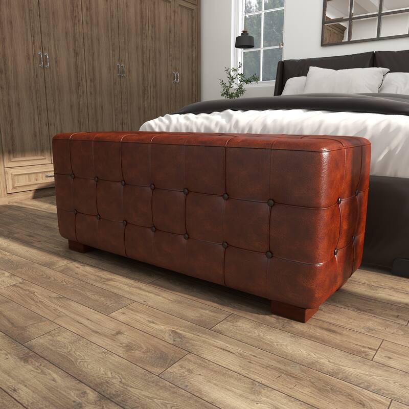Brown Leather Tufted Upholstered Home Bench with Block Feet
