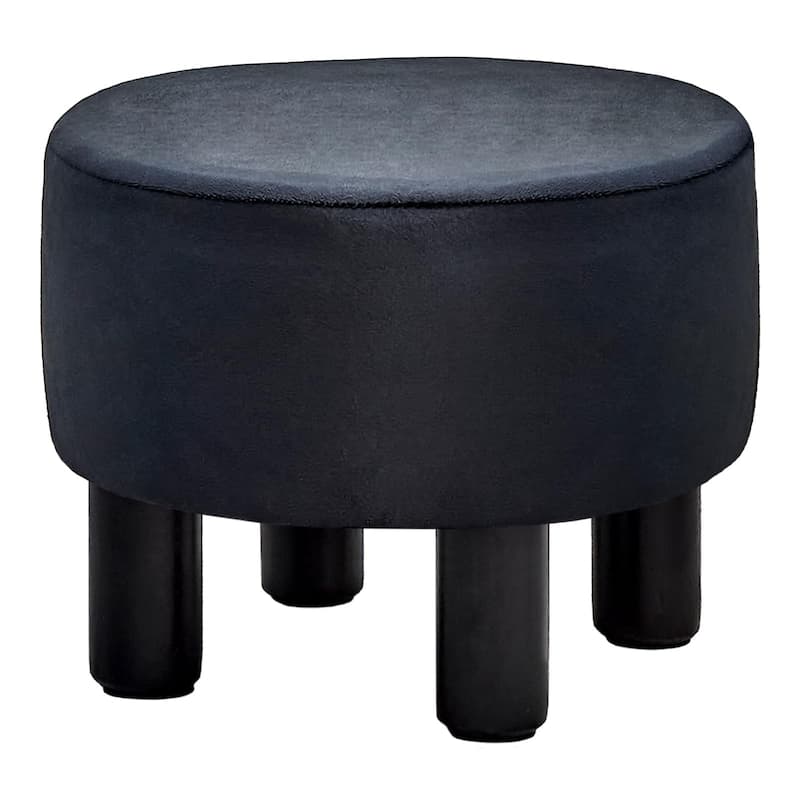 Modern Small Round Linen Ottoman Footstool with Wooden Legs for Bedroom or Living Room - Black