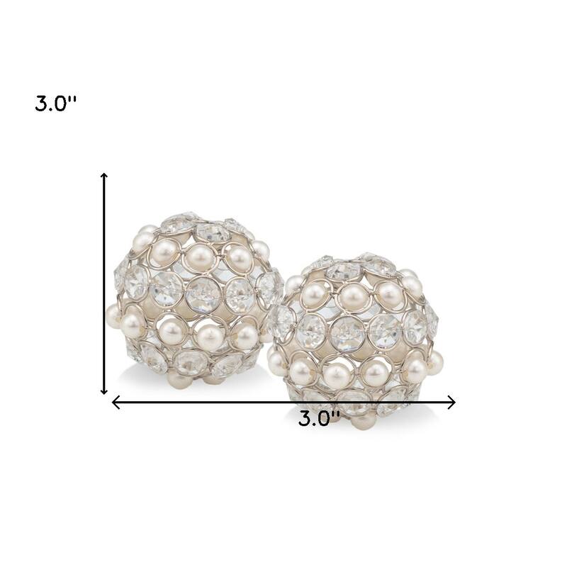 HomeRoots Set of Two Silver and Clear Faux Crystal and Pearl Decorative Orbs - 3 x 3 x 3