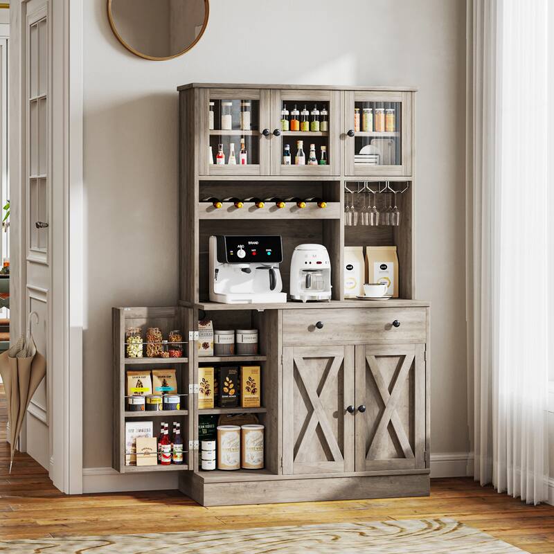Moasis 71''H Kitchen Pantry Storage Cabinet with Power Outlet Tall Cabinet with Doors Shelves & Drawer Buffet Cabinet