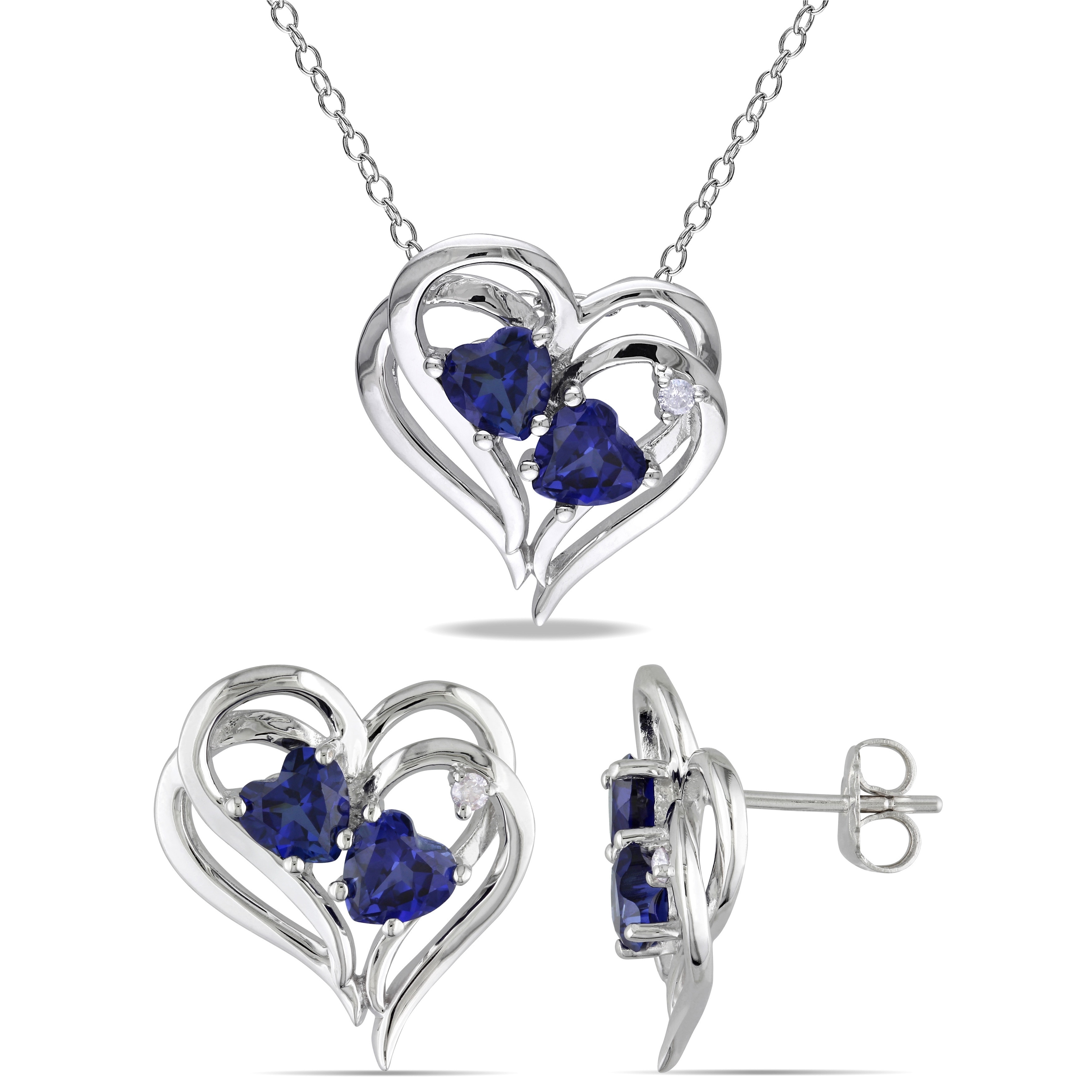 Miadora Sterling Silver Heart Created Sapphire Diamond Accent Heart Necklace Earrings Set - Blue
