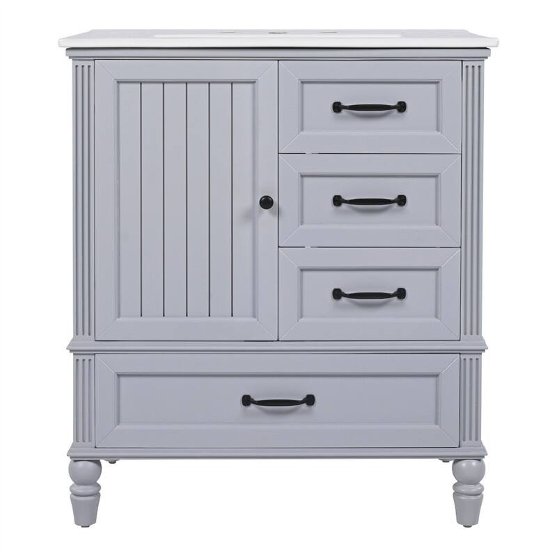 30" Bathroom Vanity with Ceramic Sink Combo, Freestanding Bathroom Vanity Cabinet with 1 Door and 3 Storage Drawers