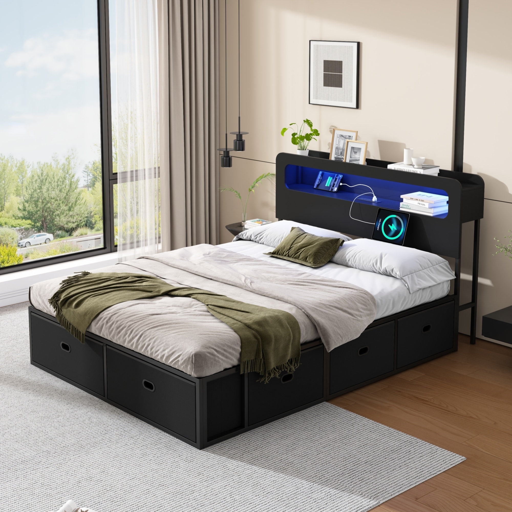 Queen Size Bed Frame with 2-Tier Storage & LED Light Headboard