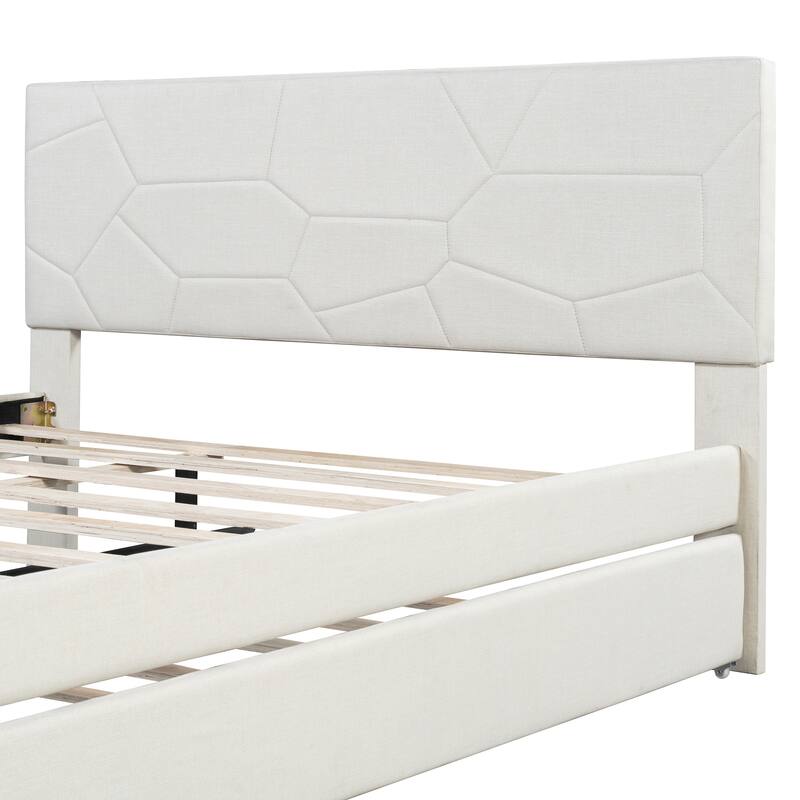 Queen Size Upholstered Platform Bed with Brick Pattern Headboard and Twin XL Size Trundle, Linen Fabric, Beige