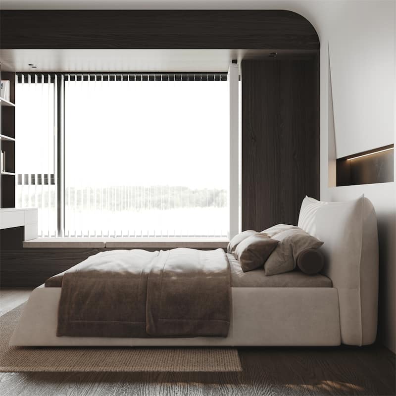 King Size Upholstered Platform Bed with Velvet Headboard & Wood Frame