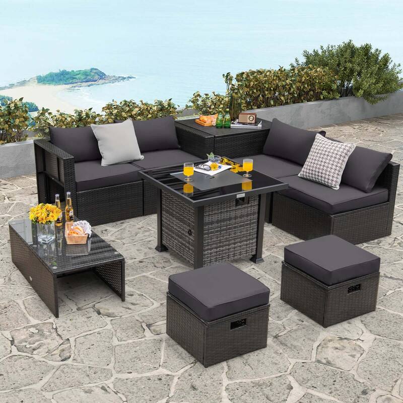 9 PCS Patio Furniture Set with 50,000 BTU Propane Fire Pit Table