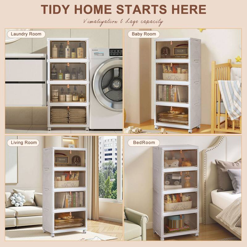 4 Tier Plastic Storage Bins Stackable Storage Containers with Wheels Folding Storage Boxes Closet Organizers - 3-Tier