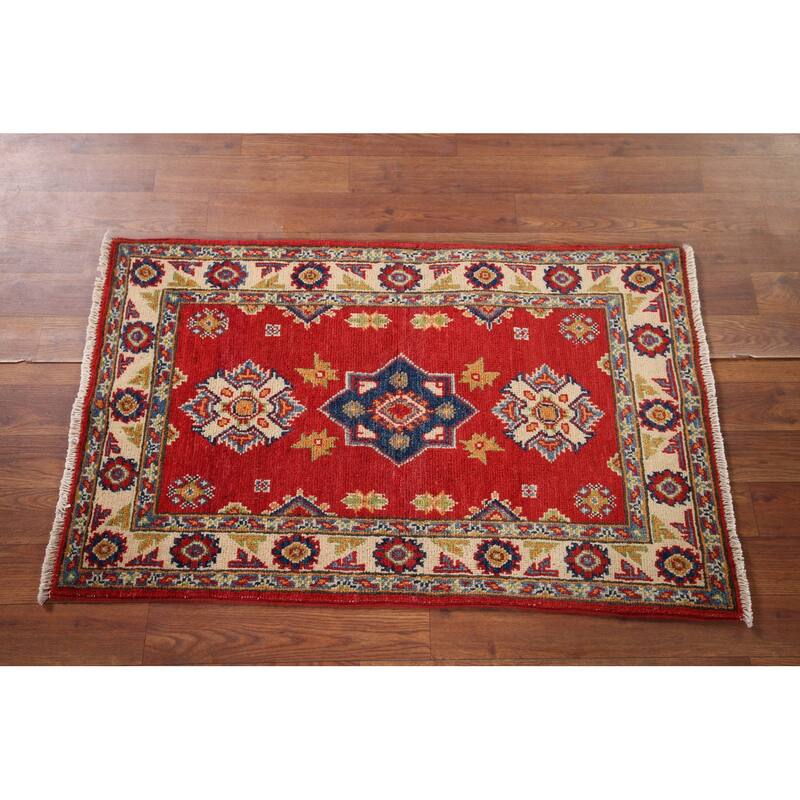 Red Geometric Kazak Oriental Accent Rug Hand-Knotted Wool Carpet - 1'11" x 3'3"
