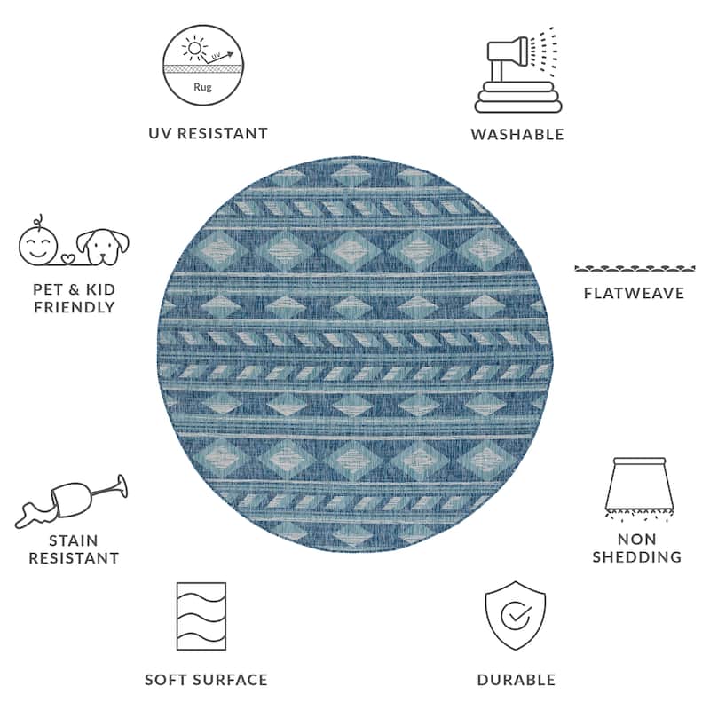 SAFAVIEH Courtyard Felicite Indoor /Outdoor Waterproof Patio Backyard Rug - 6'7" Round - Navy/Aqua