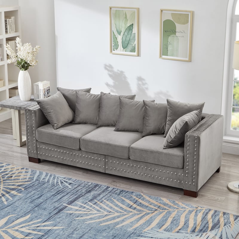 Modern Design Sofa Square Armrest With Silver Nails Decoration Upholstered Velvet Couch