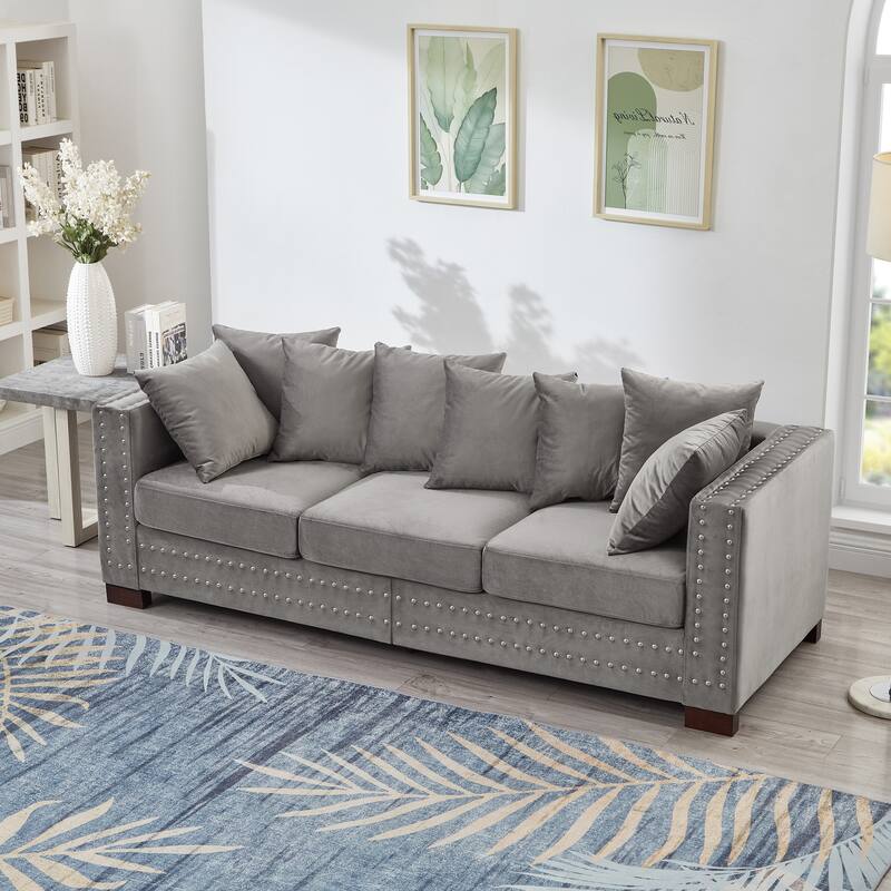Modern Living Room Sofa with Square Armrest & Silver Nails Decoration