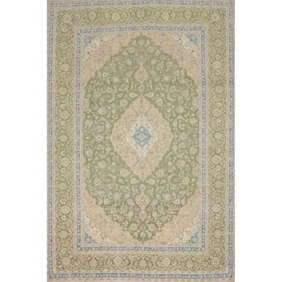 Hand Knotted Oriental 100% Wool Carpet Traditional Floral Green Kashan Area Rug - 12' 7'' X 9' 6''