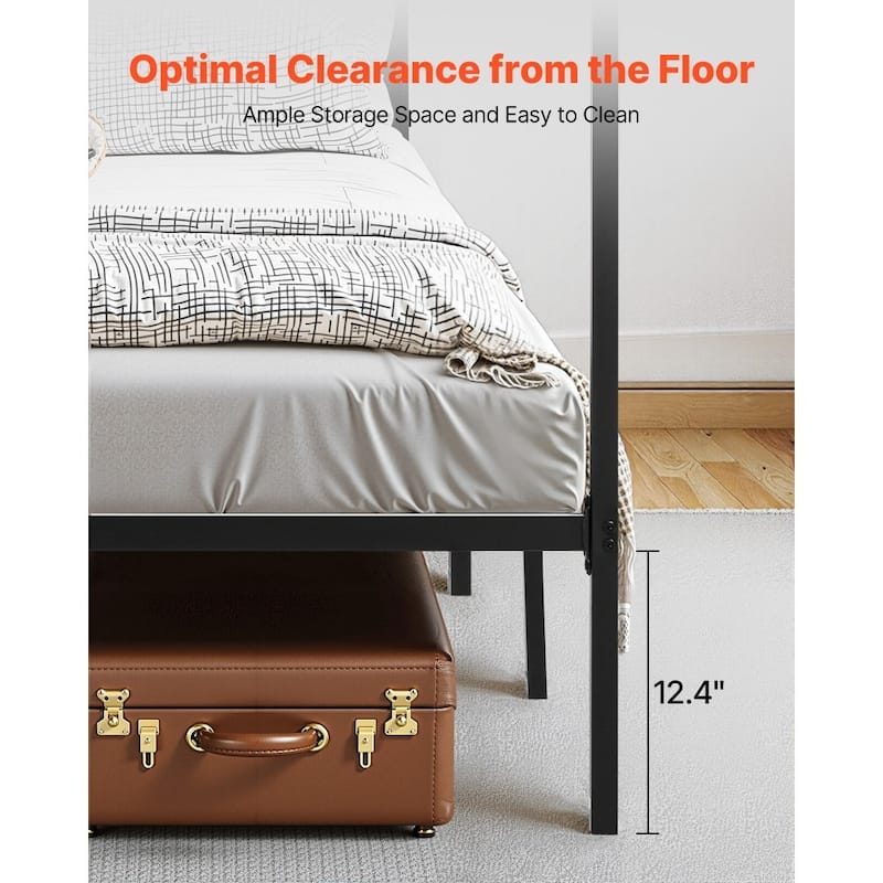 Modern Black Metal Canopy Bed Frame with 12.4 Inch Storage Clearance and Strong Weight Support
