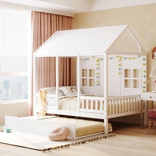 Full House Bed with Twin Trundle & Playhouse Design, Solid Wood Frame